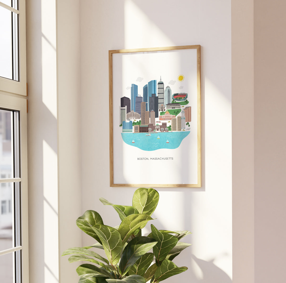 "Hand drawn Boston skyline art print by Lindsey Kay Collective. Features iconic city landmarks in a modern illustrated style. Printed on enhanced matte paper and available in multiple sizes. Perfect for Boston lovers, dorm décor, or city-themed gallery walls.
