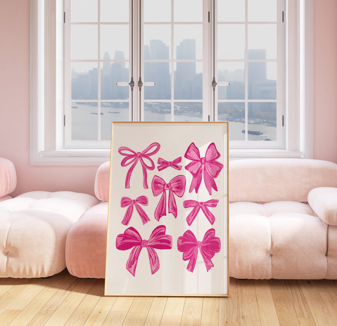 Hand-illustrated pink coquette ribbons art print by Lindsey Kay Collective – girly retro bow wall art – perfect for gallery walls, dorm rooms, or coquette decor – printed on enhanced matte paper with vibrant inks – available in multiple sizes