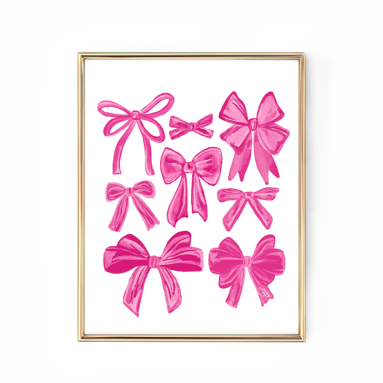 Hand-illustrated pink coquette ribbons art print by Lindsey Kay Collective – girly retro bow wall art – perfect for gallery walls, dorm rooms, or coquette decor – printed on enhanced matte paper with vibrant inks – available in multiple sizes