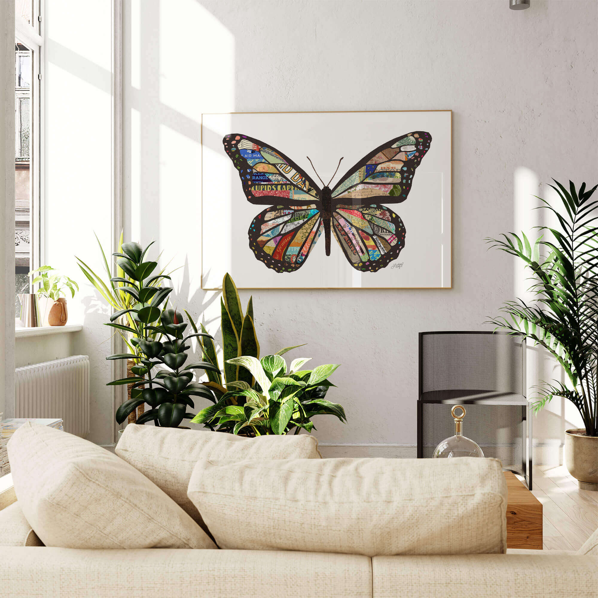 Single butterfly collage art print by Lindsey Kay Collective – handmade mixed media wall art created from vintage paper – unique statement piece perfect for gallery walls, dorm rooms, or modern eclectic spaces – printed on enhanced matte paper with vibrant inks – available in 10 sizes