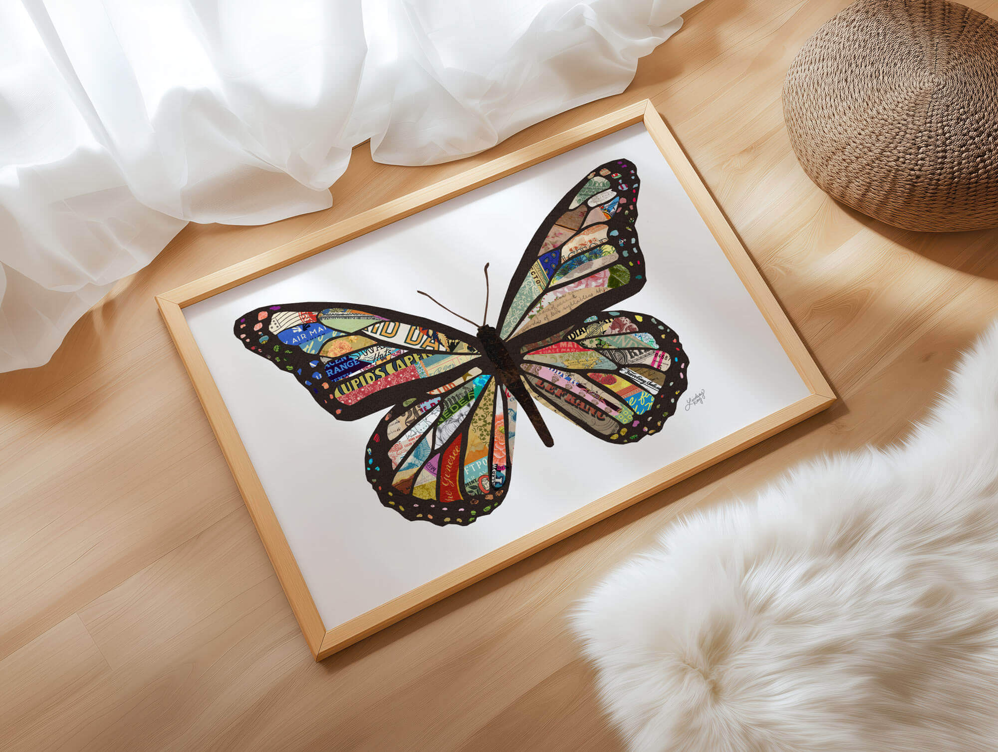 Single butterfly collage art print by Lindsey Kay Collective – handmade mixed media wall art created from vintage paper – unique statement piece perfect for gallery walls, dorm rooms, or modern eclectic spaces – printed on enhanced matte paper with vibrant inks – available in 10 sizes