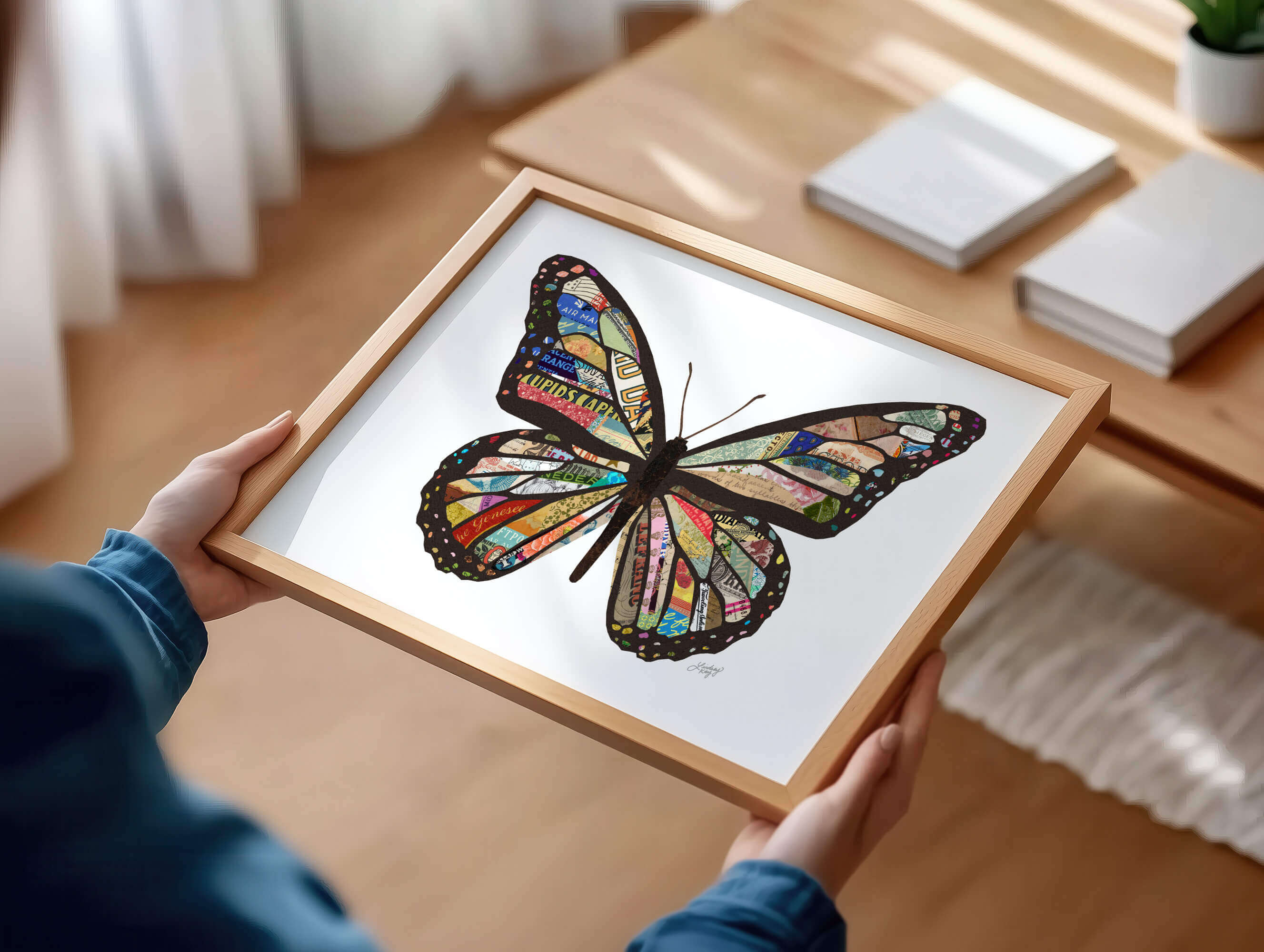 Single butterfly collage art print by Lindsey Kay Collective – handmade mixed media wall art created from vintage paper – unique statement piece perfect for gallery walls, dorm rooms, or modern eclectic spaces – printed on enhanced matte paper with vibrant inks – available in 10 sizes