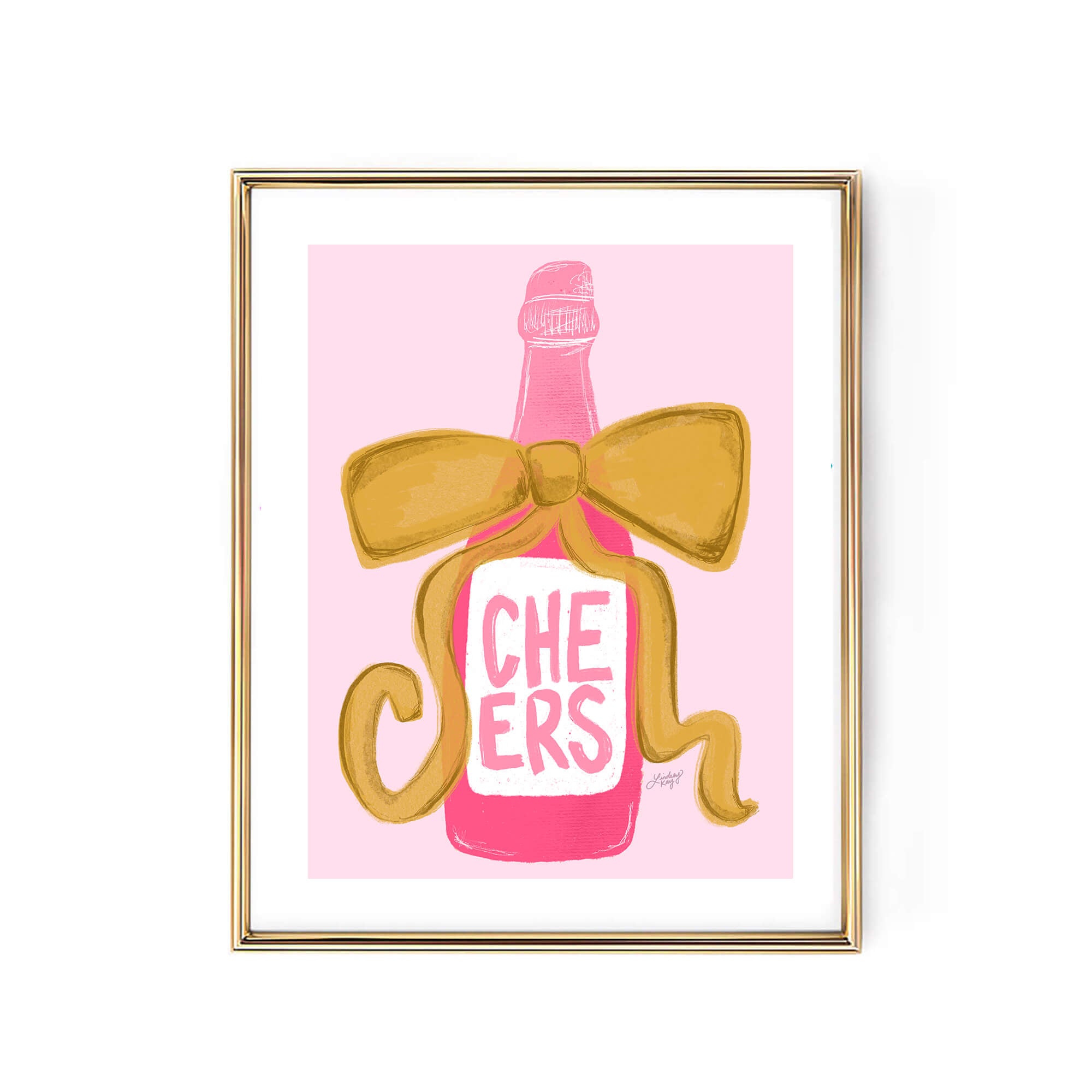 cheers champagne bottle gold bow ribbon cute art print poster wall art pink dorm room bar cart lindsey kay collective