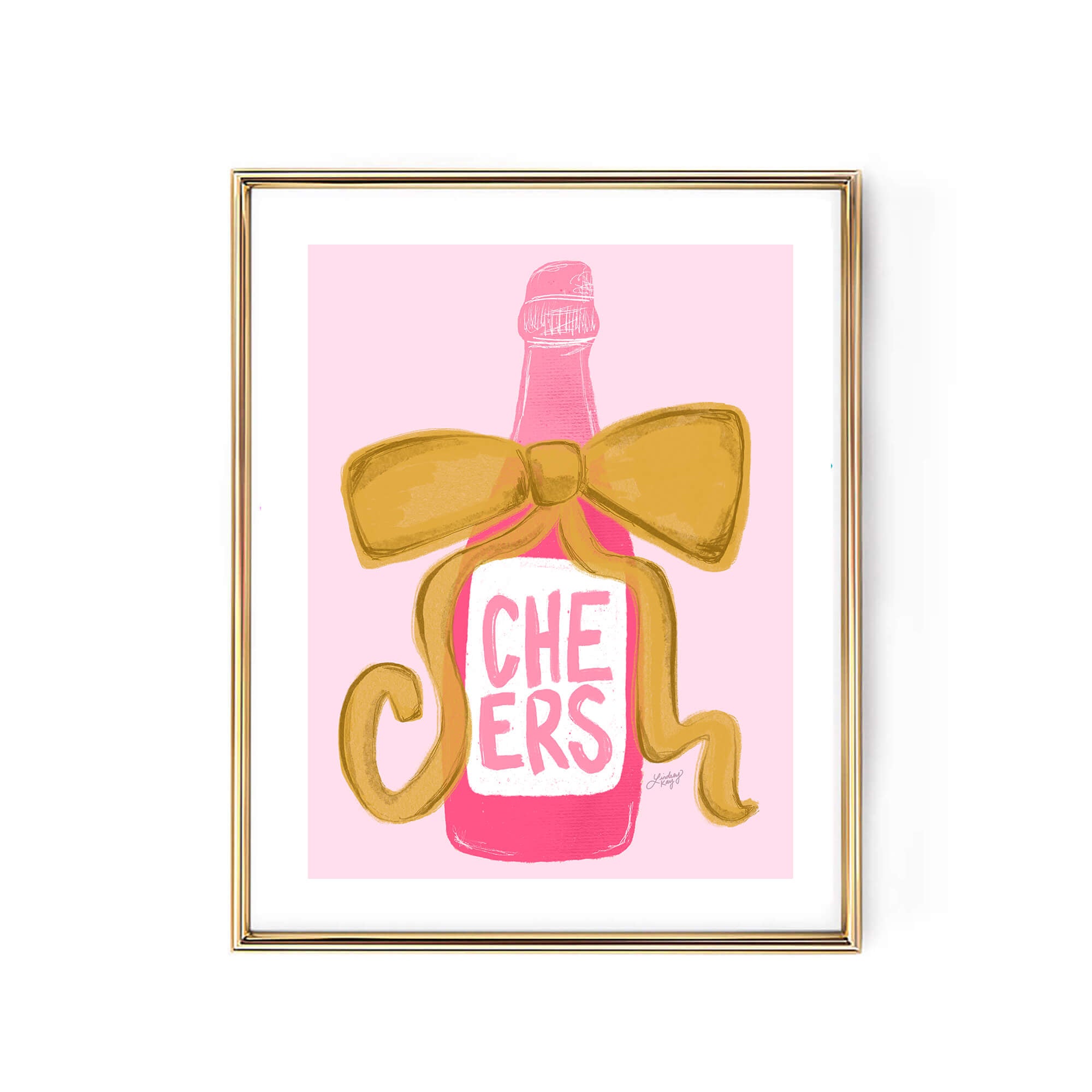 Hand drawn pink champagne bottle art print with gold ribbon that says 'Cheers.' Designed by Lindsey Kay Collective. Perfect for bar cart décor, kitchen walls, or celebratory gallery spaces. Printed on enhanced matte paper, available in multiple sizes.