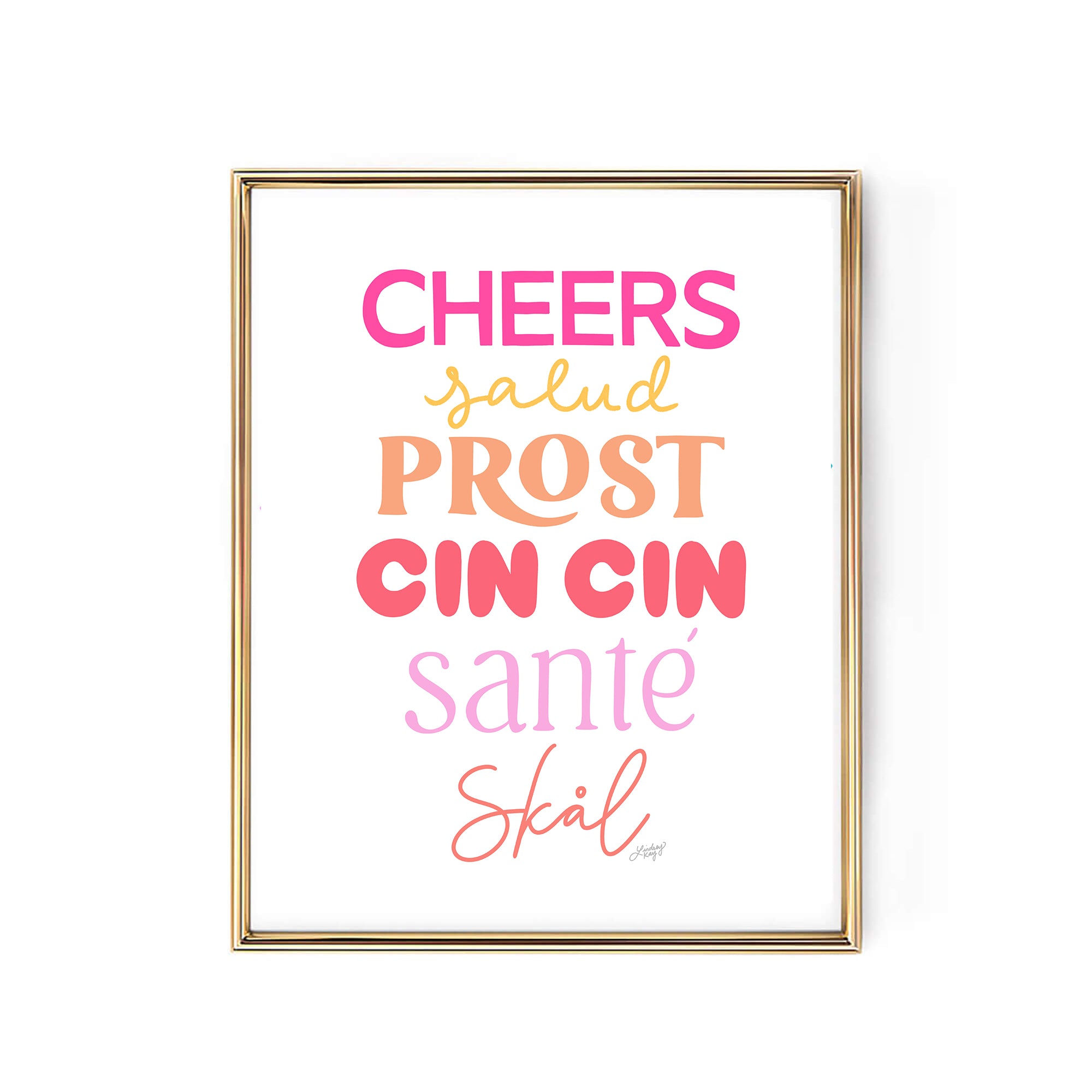 colorful pink cheers celebrate art-print print posted wall-art bar-cart-decor bar-cart art kitchen hand-lettering house-warming gift lindsey kay collective