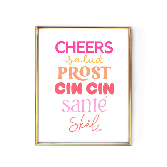 colorful pink cheers celebrate art-print print posted wall-art bar-cart-decor bar-cart art kitchen hand-lettering house-warming gift lindsey kay collective