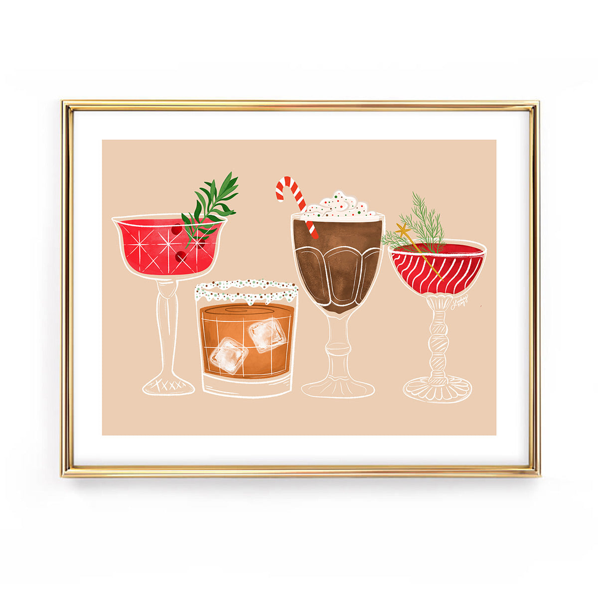 Hand-illustrated Christmas cocktails art print by Lindsey Kay Collective – festive bar cart wall art featuring retro holiday drinks – perfect for kitchens, drink stations, or holiday parties – printed on enhanced matte paper with vibrant inks – available in 5x7, 8x10, 11x14, 11x17, 12x12, 12x18, 13x19, 16x20, 18x24, and 24x36 sizes