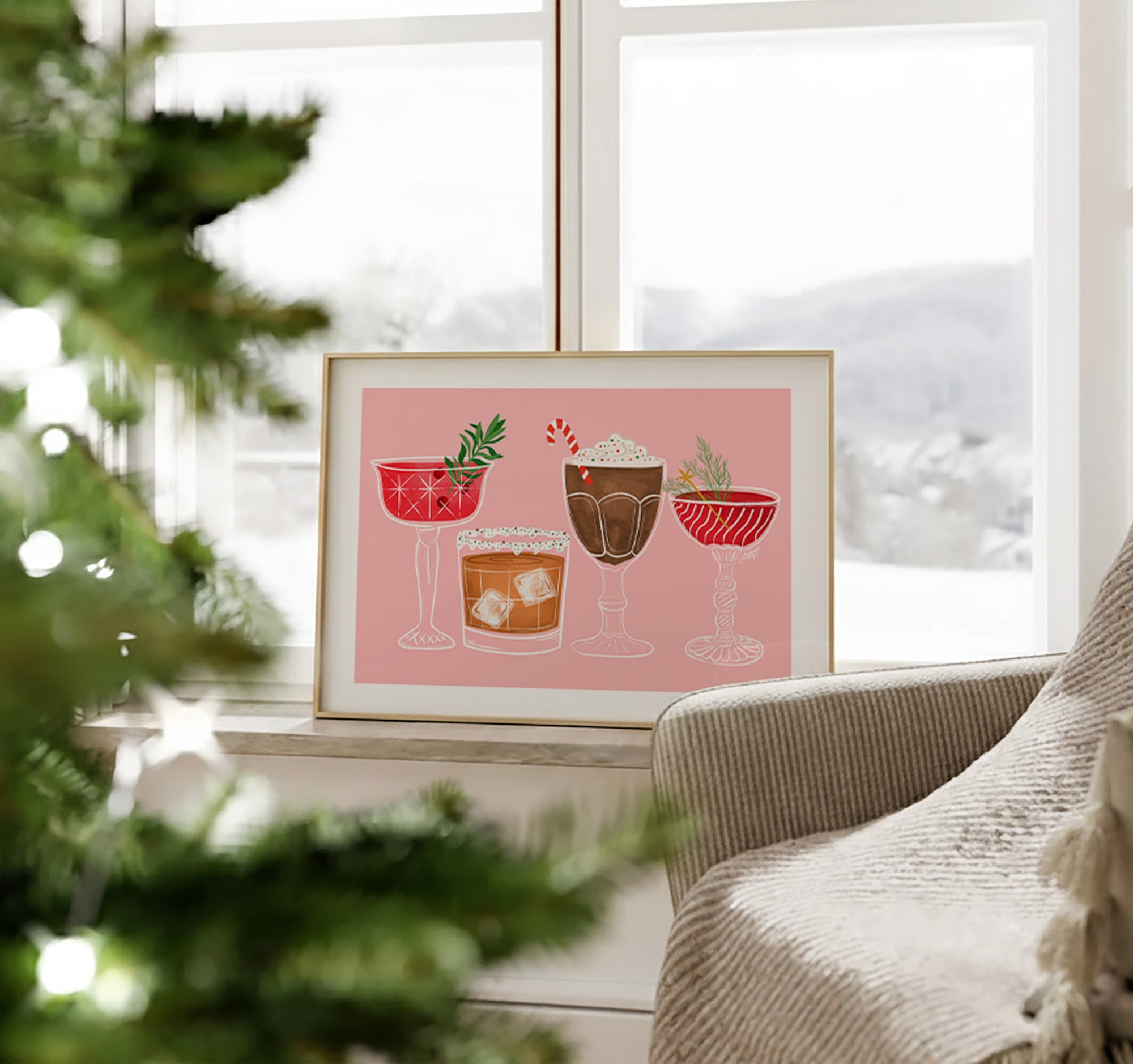 Hand-illustrated Christmas cocktails art print by Lindsey Kay Collective – festive bar cart wall art featuring retro holiday drinks – perfect for kitchens, drink stations, or holiday parties – printed on enhanced matte paper with vibrant inks – available in 5x7, 8x10, 11x14, 11x17, 12x12, 12x18, 13x19, 16x20, 18x24, and 24x36 sizes