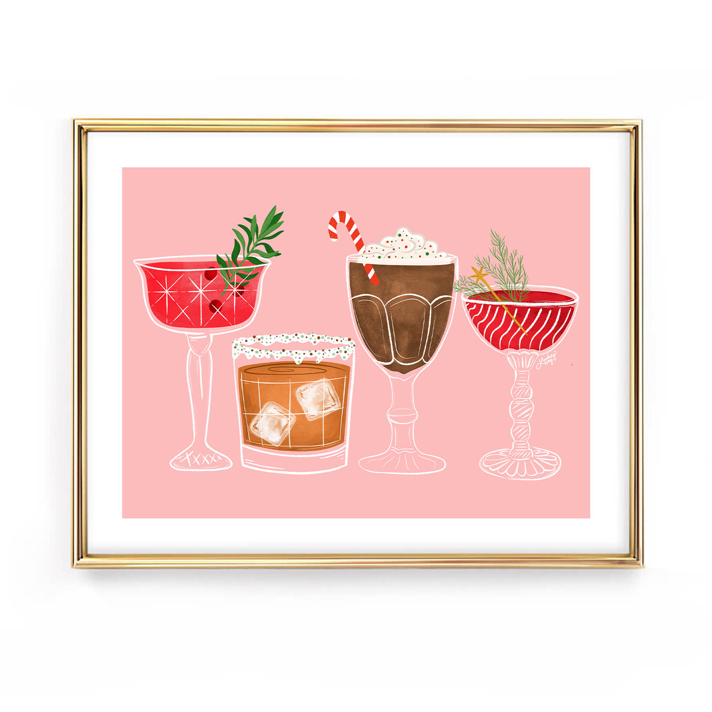 Hand-illustrated Christmas cocktails art print by Lindsey Kay Collective – festive bar cart wall art featuring retro holiday drinks – perfect for kitchens, drink stations, or holiday parties – printed on enhanced matte paper with vibrant inks – available in 5x7, 8x10, 11x14, 11x17, 12x12, 12x18, 13x19, 16x20, 18x24, and 24x36 sizes