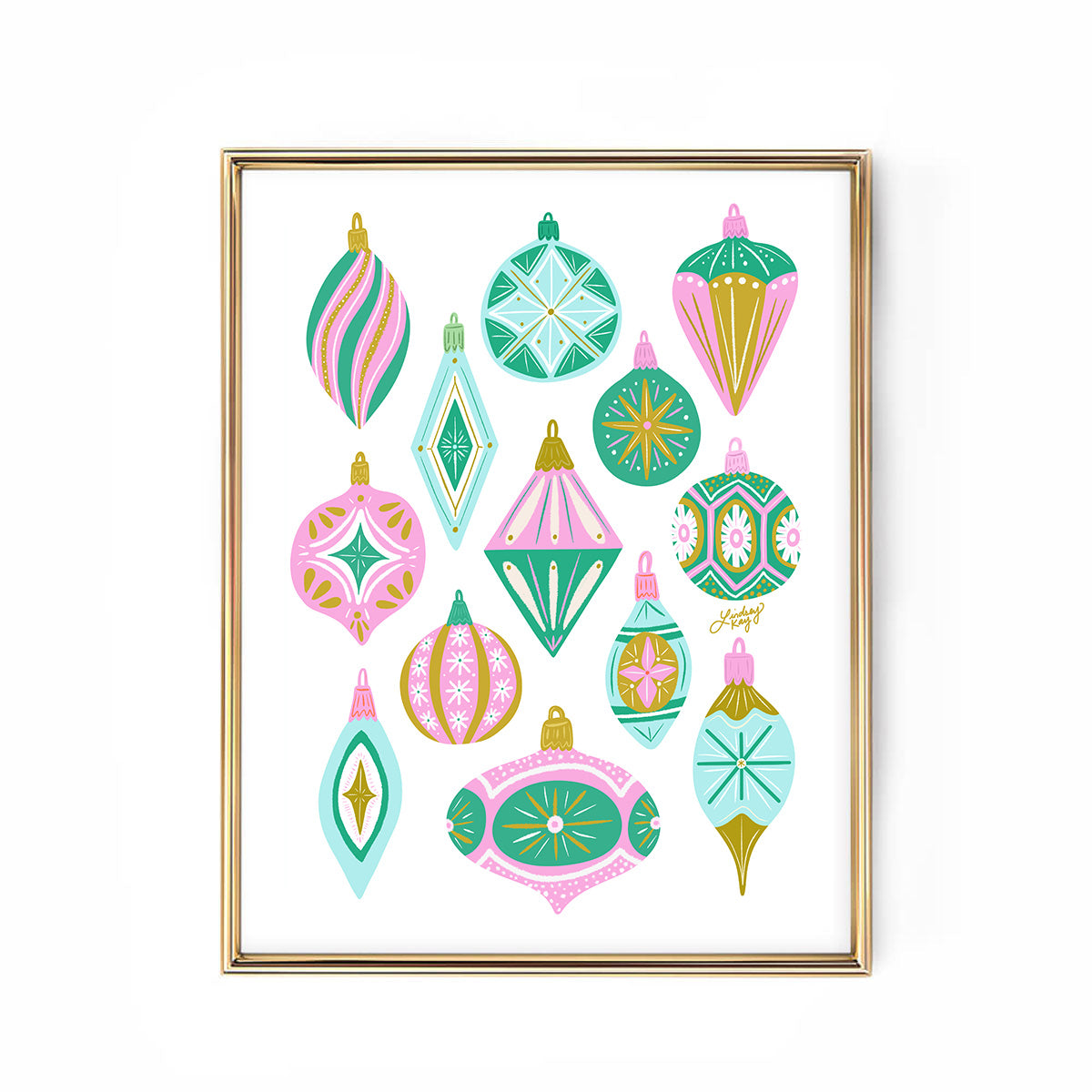Hand-drawn retro Christmas ornaments art print by Lindsey Kay Collective – vintage holiday wall art for Christmas decor or gallery walls – mid-century inspired festive artwork printed on enhanced matte paper with vibrant inks – available in 5x7, 8x10, 11x14, 11x17, 12x12, 12x18, 13x19, 16x20, 18x24, and 24x36 sizes