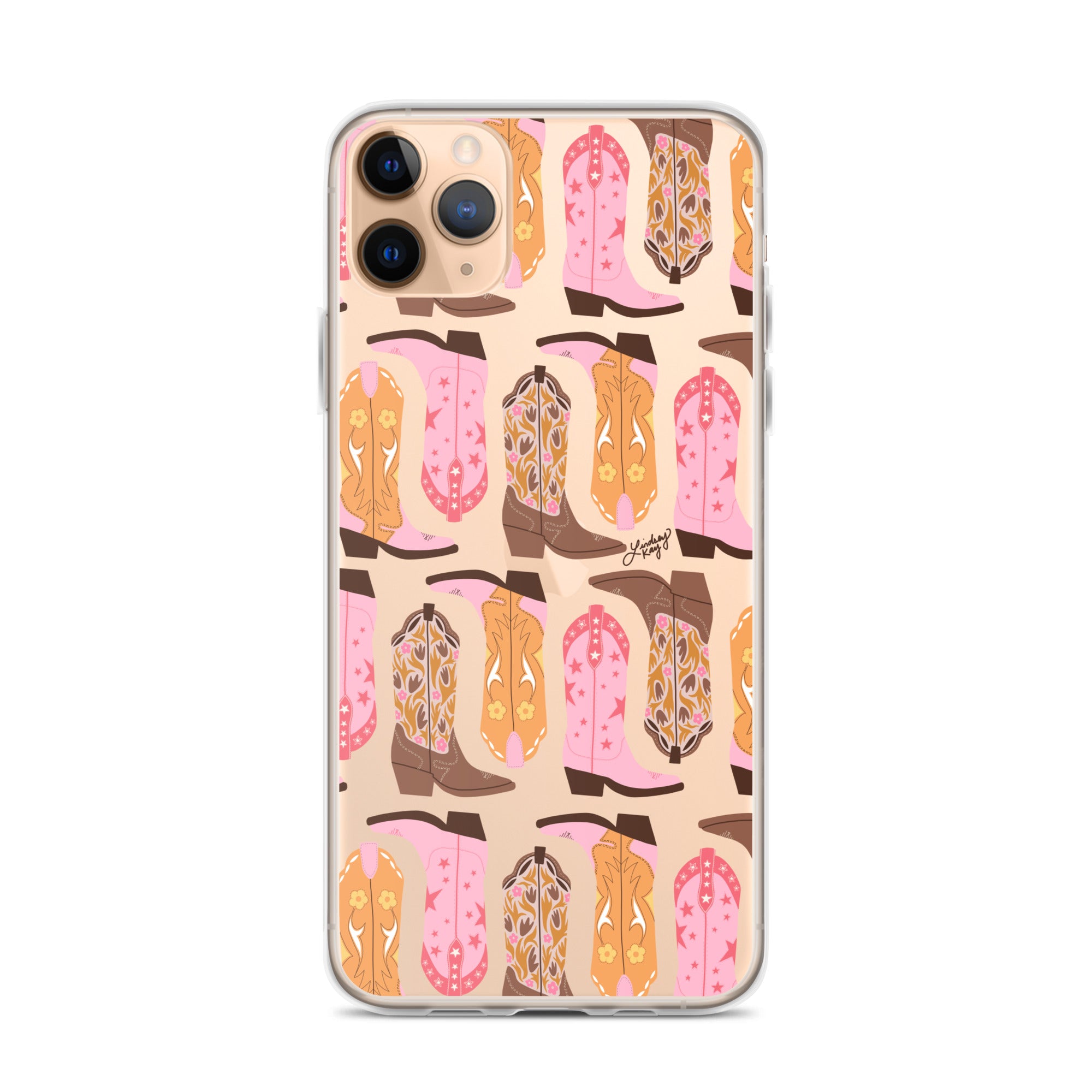 Clear cowgirl boots iPhone case – pink orange brown western design, durable MagSafe cover by Lindsey Kay Collective