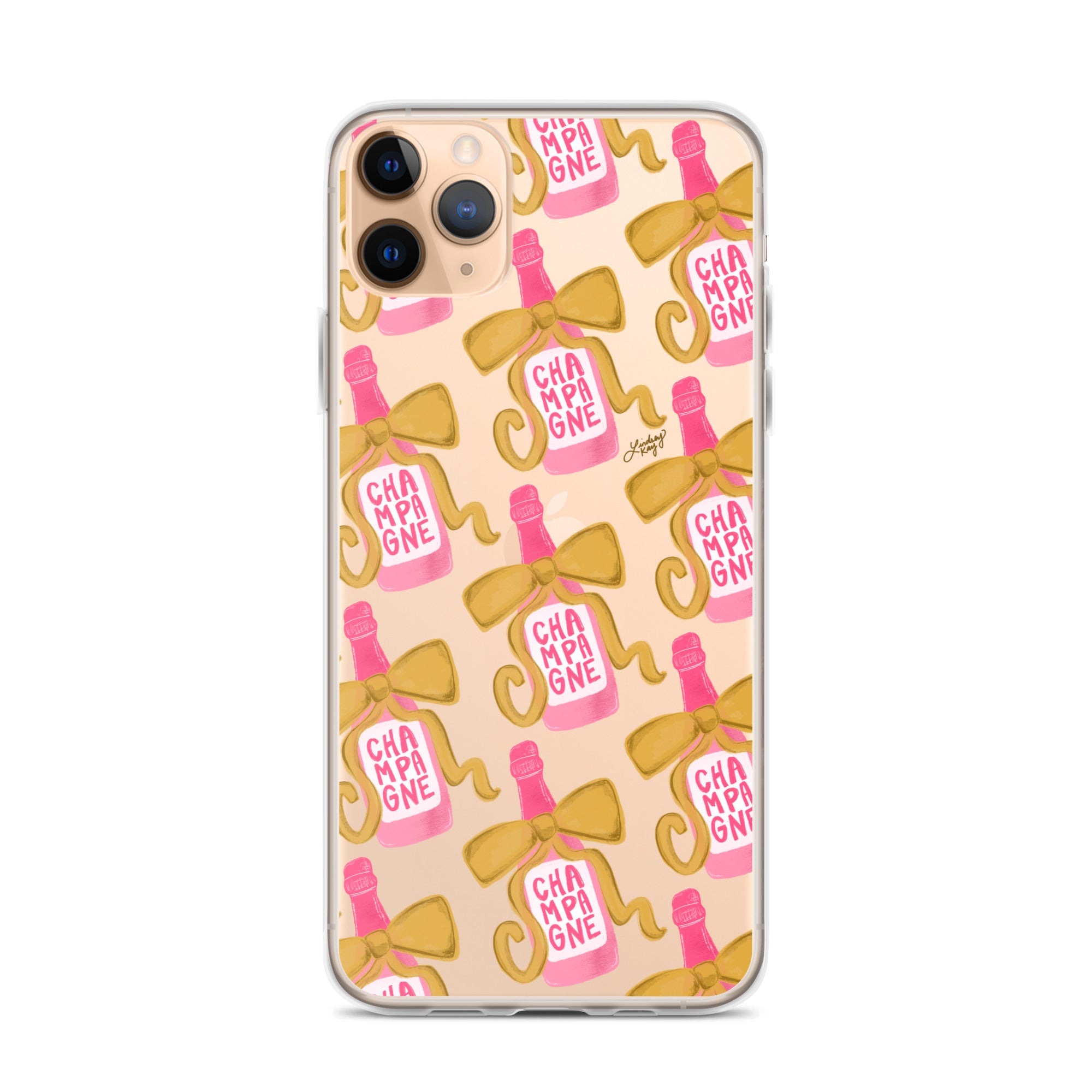 ribbon champagne bottles illustration pink gold iphone-15 iphone case cover tough durable shock-proof cute trendy bow feminine lindsey kay collective wine