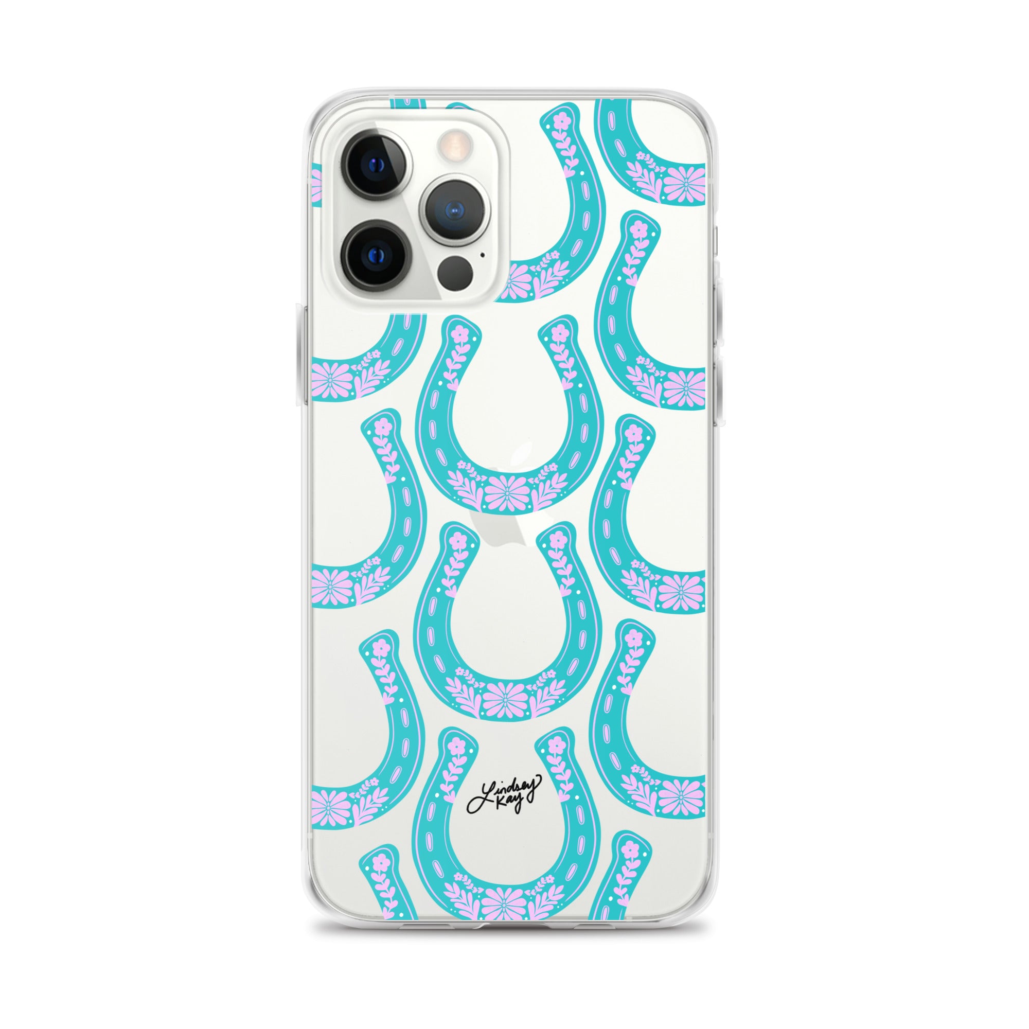 A clear iPhone case with a turquoise and pink horseshoe pattern.
