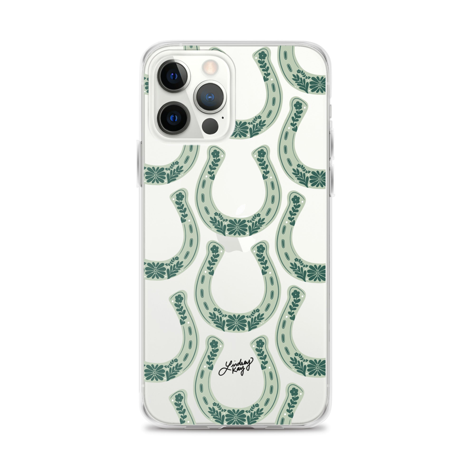 A clear plastic iPhone case with a green horseshoe illustration pattern.