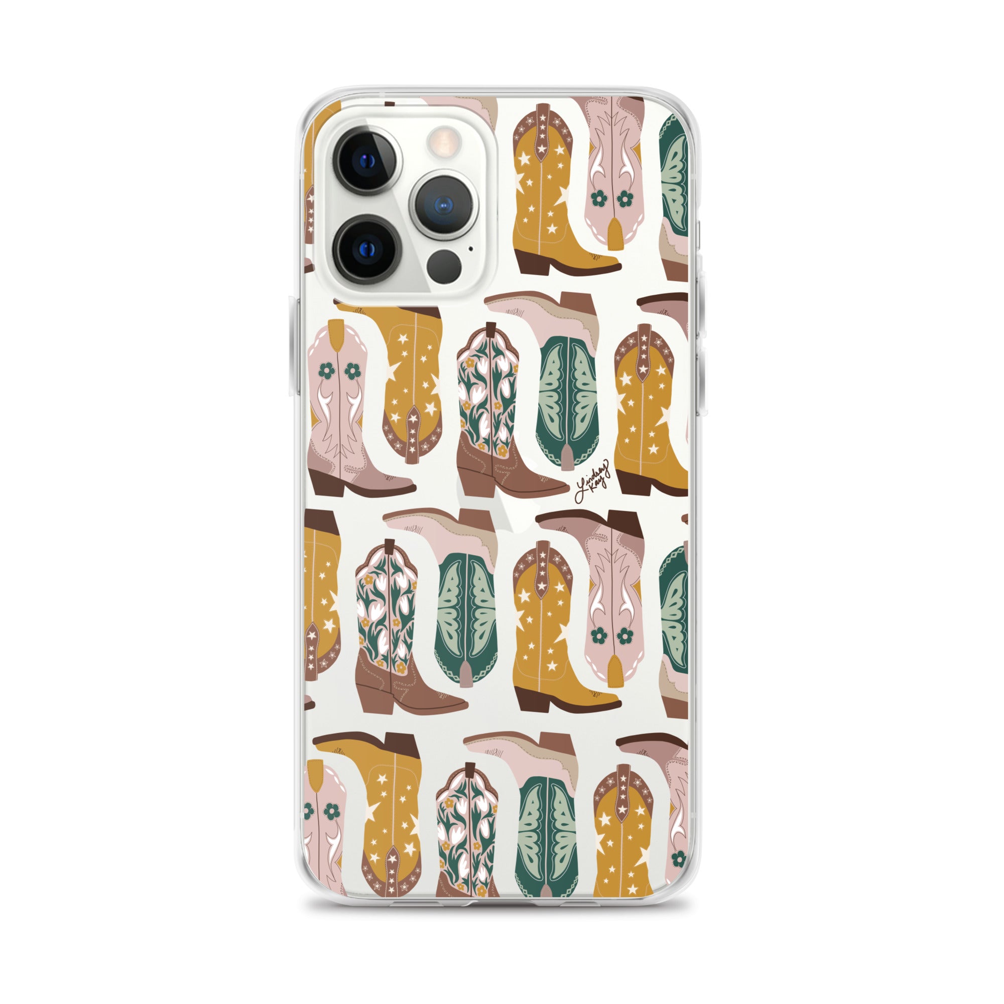 Clear cowgirl boots iPhone case – green gold brown western pattern, durable MagSafe cover by Lindsey Kay Collective