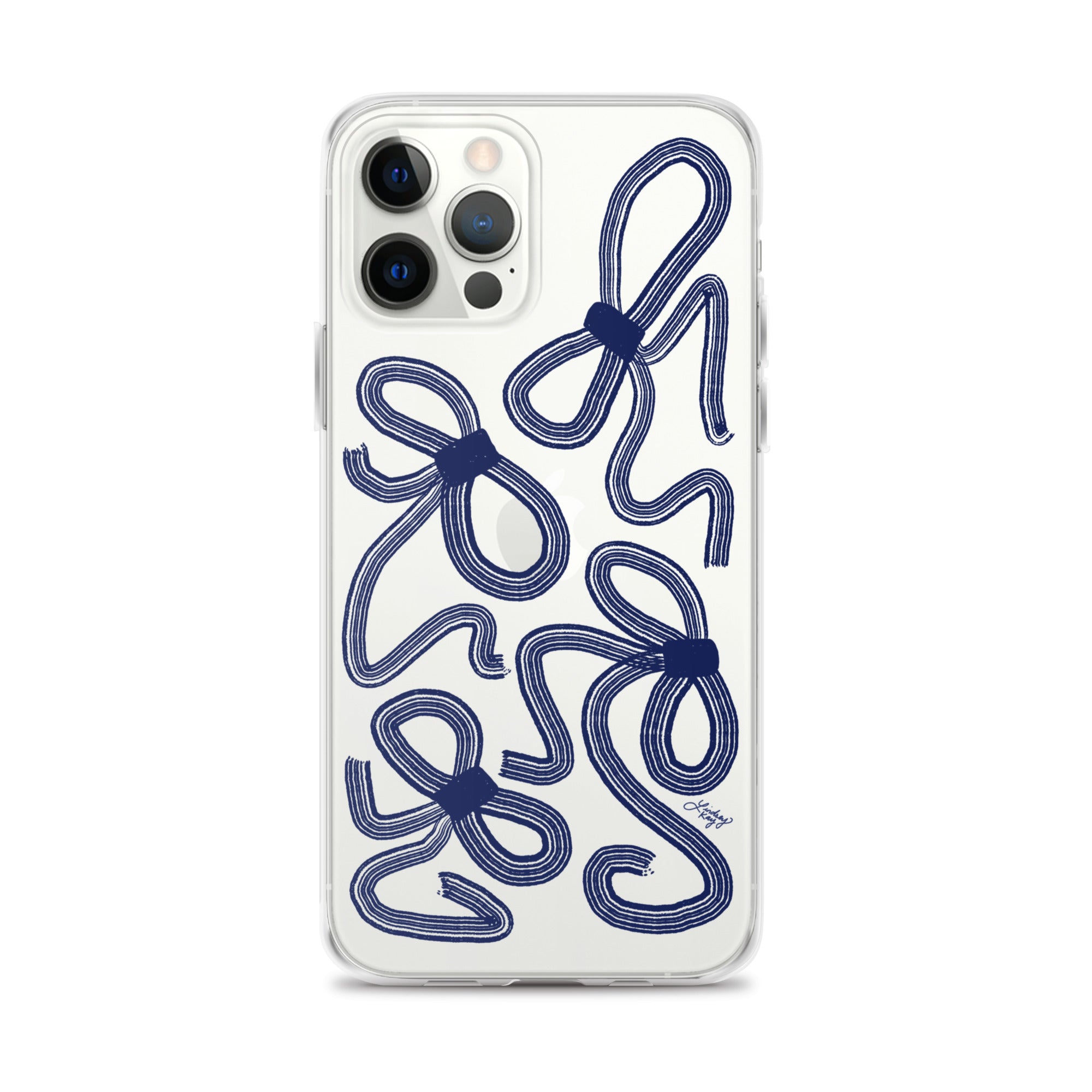 MagSafe iPhone case with hand-illustrated navy ribbon pattern – preppy coquette aesthetic protective phone case for girly style lovers and trendy iPhone accessories