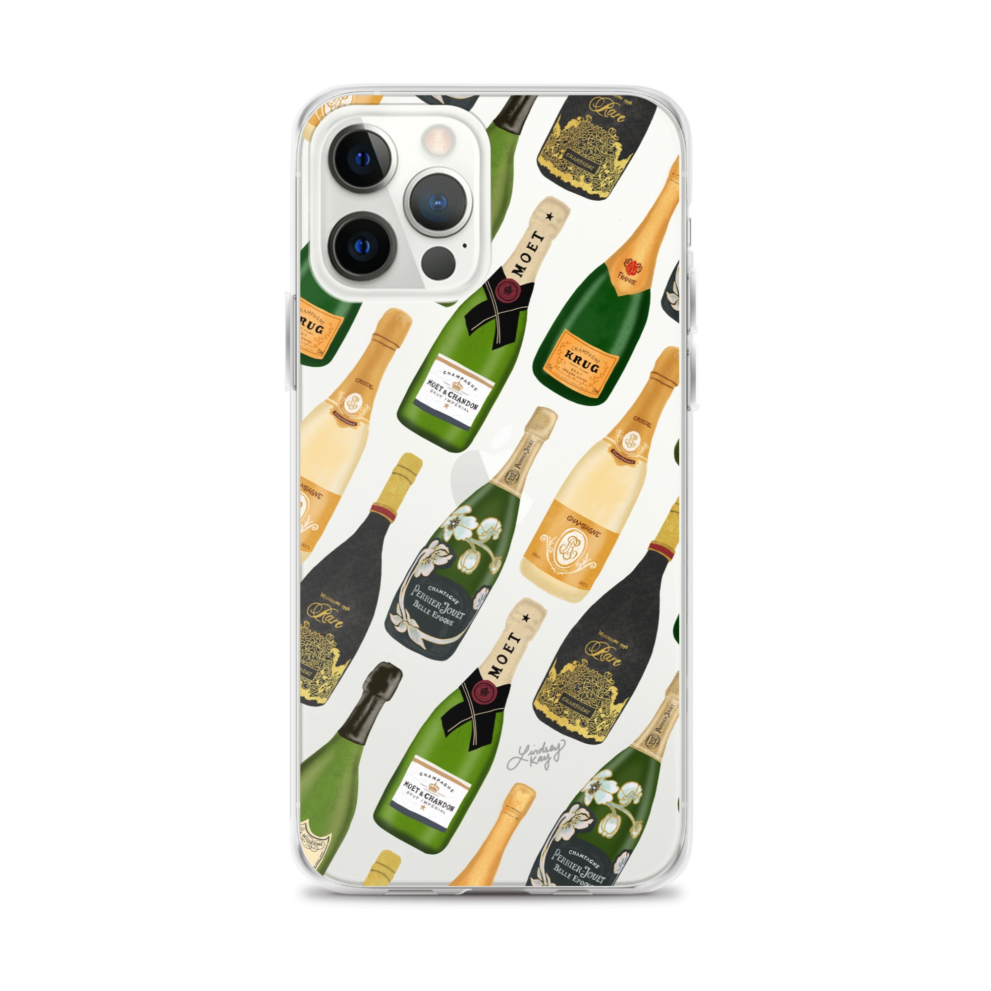 Clear iPhone case with hand-drawn champagne bottle pattern; MagSafe-compatible protective phone case for champagne lovers, trendy clear phone cases for women, girly celebration-themed iPhone accessory, perfect gift for bridal showers and bubbly lovers.