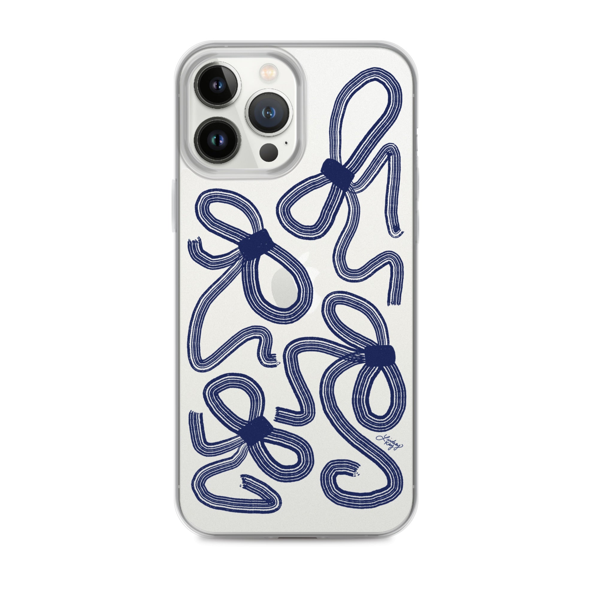 MagSafe iPhone case with hand-illustrated navy ribbon pattern – preppy coquette aesthetic protective phone case for girly style lovers and trendy iPhone accessories