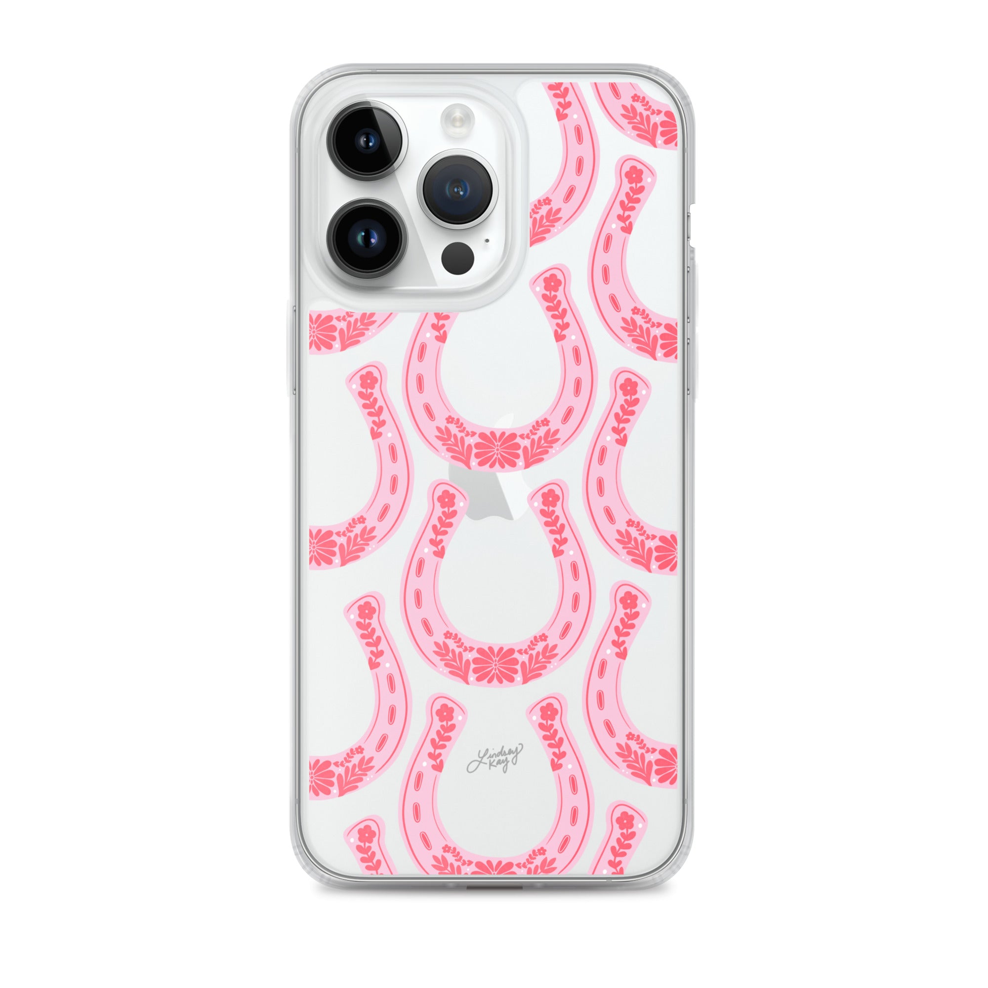 Clear iPhone case with hand-drawn pink western horseshoe pattern, designed by Lindsey Kay Collective. Cute and durable case for country girl style, available in all iPhone sizes.

