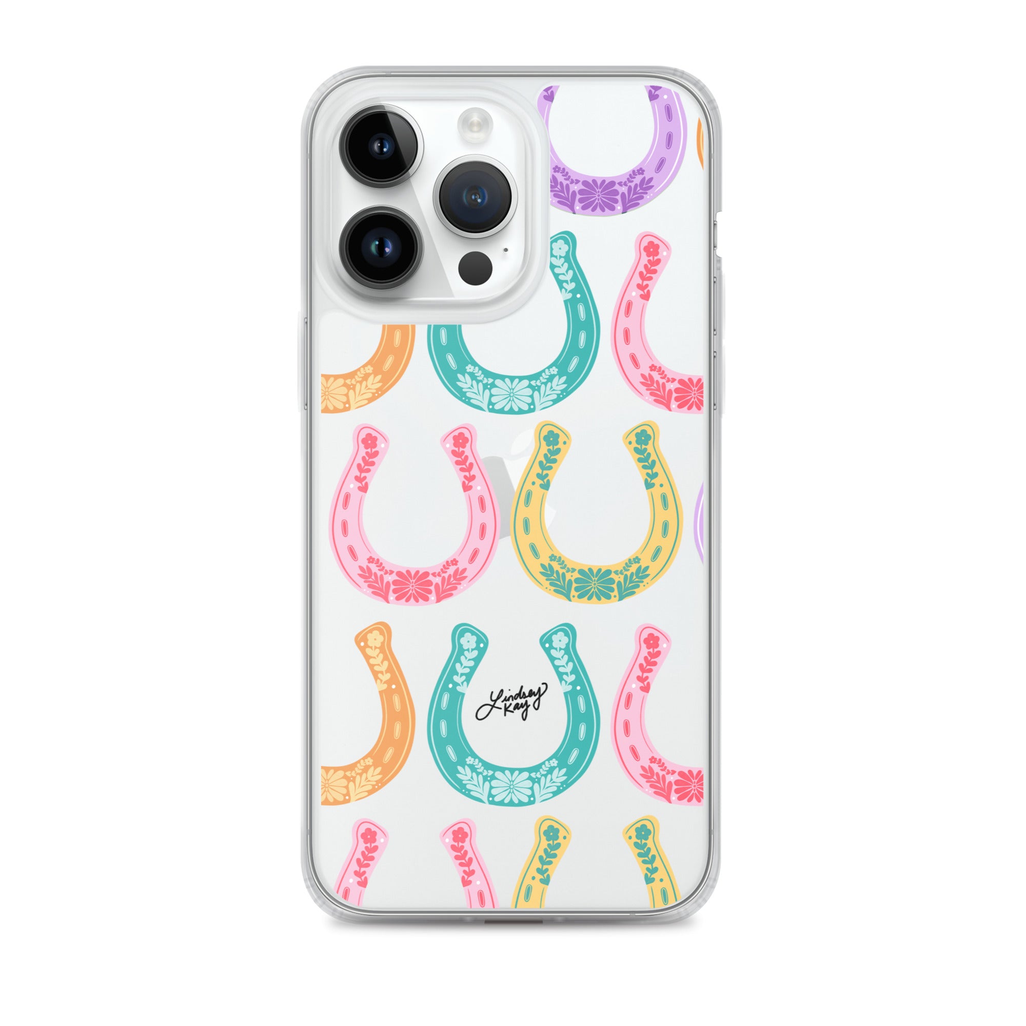 Clear iPhone case with hand-drawn rainbow western horseshoe pattern, designed by Lindsey Kay Collective. Cute and durable case for country girl style, available in all iPhone sizes.


