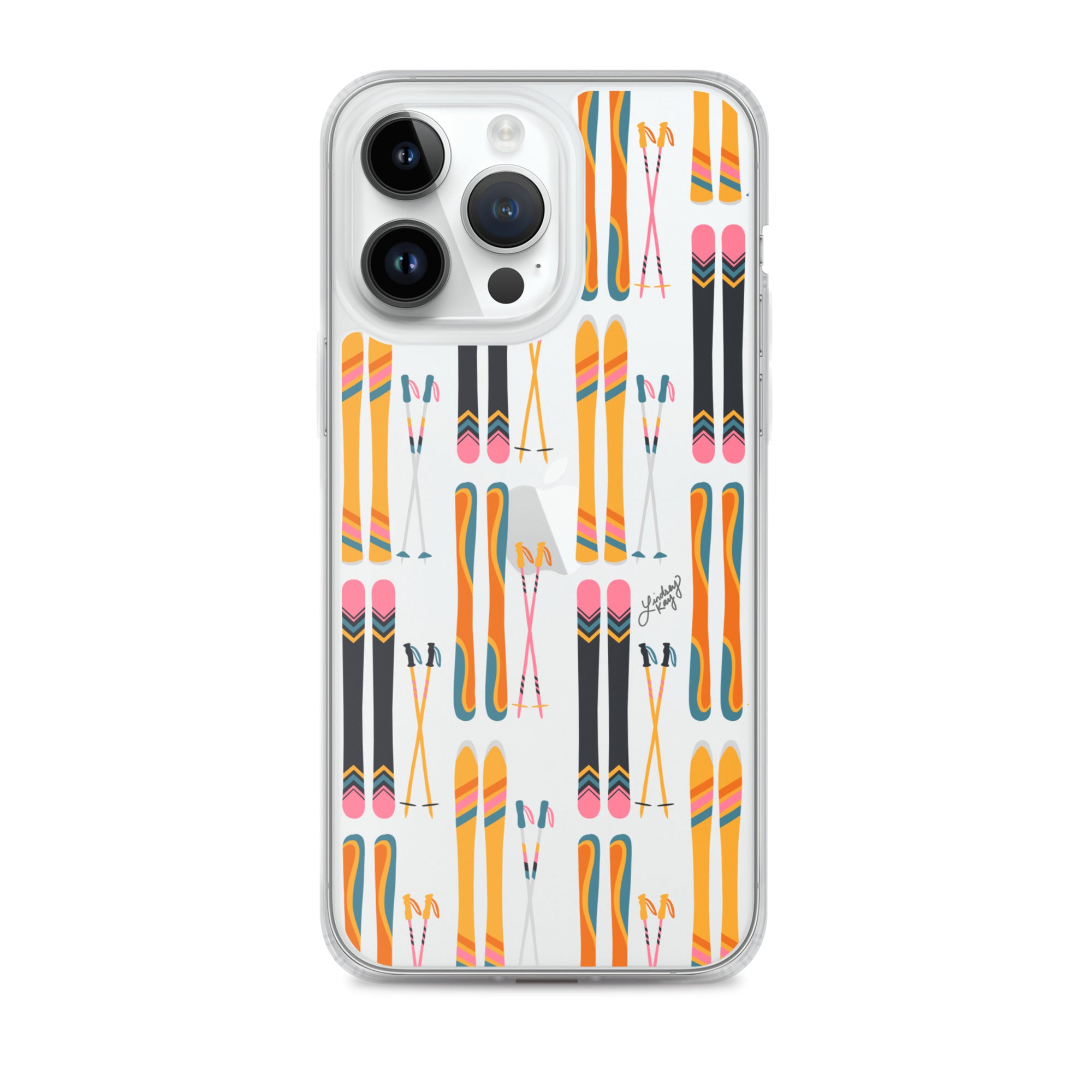 skis poles pattern illustration skier winter mountain feminine iphone-15 iphone-14 iphone-13 pro-max phone case clear over protector trendy colorado iphone mobile accessories lindsey kay collective retro colorful