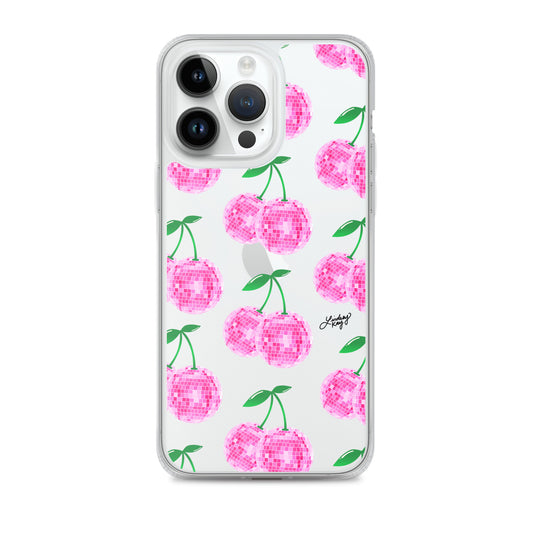 Clear iPhone case with hand-drawn pink disco ball cherry pattern, lightweight and slim fit, durable girly phone case for trendy aesthetic lovers.