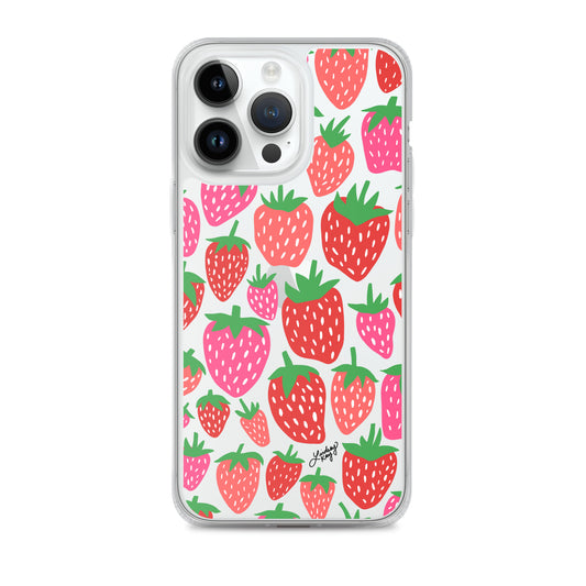 cute illustrated strawberries pattern red pink iphone clear case protective shockproof lindsey kay collective fruit trendy summer mobile accessories iphone 14 pro max
