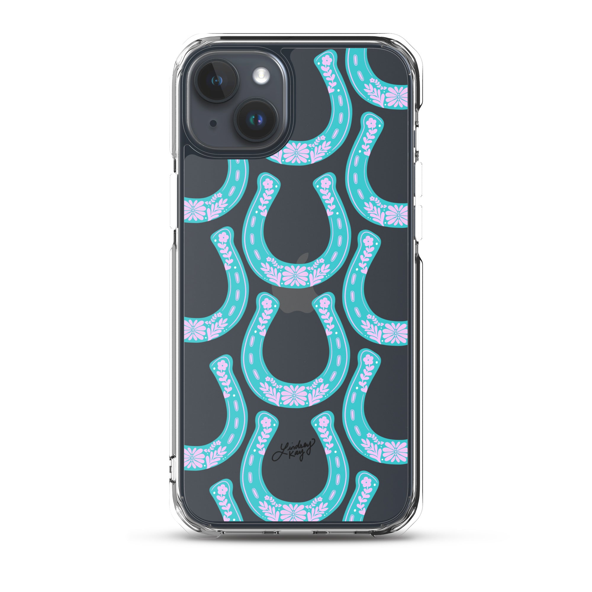 Clear iPhone case with hand-drawn turquoise western horseshoe pattern, designed by Lindsey Kay Collective. Cute and durable case for country girl style, available in all iPhone sizes.

