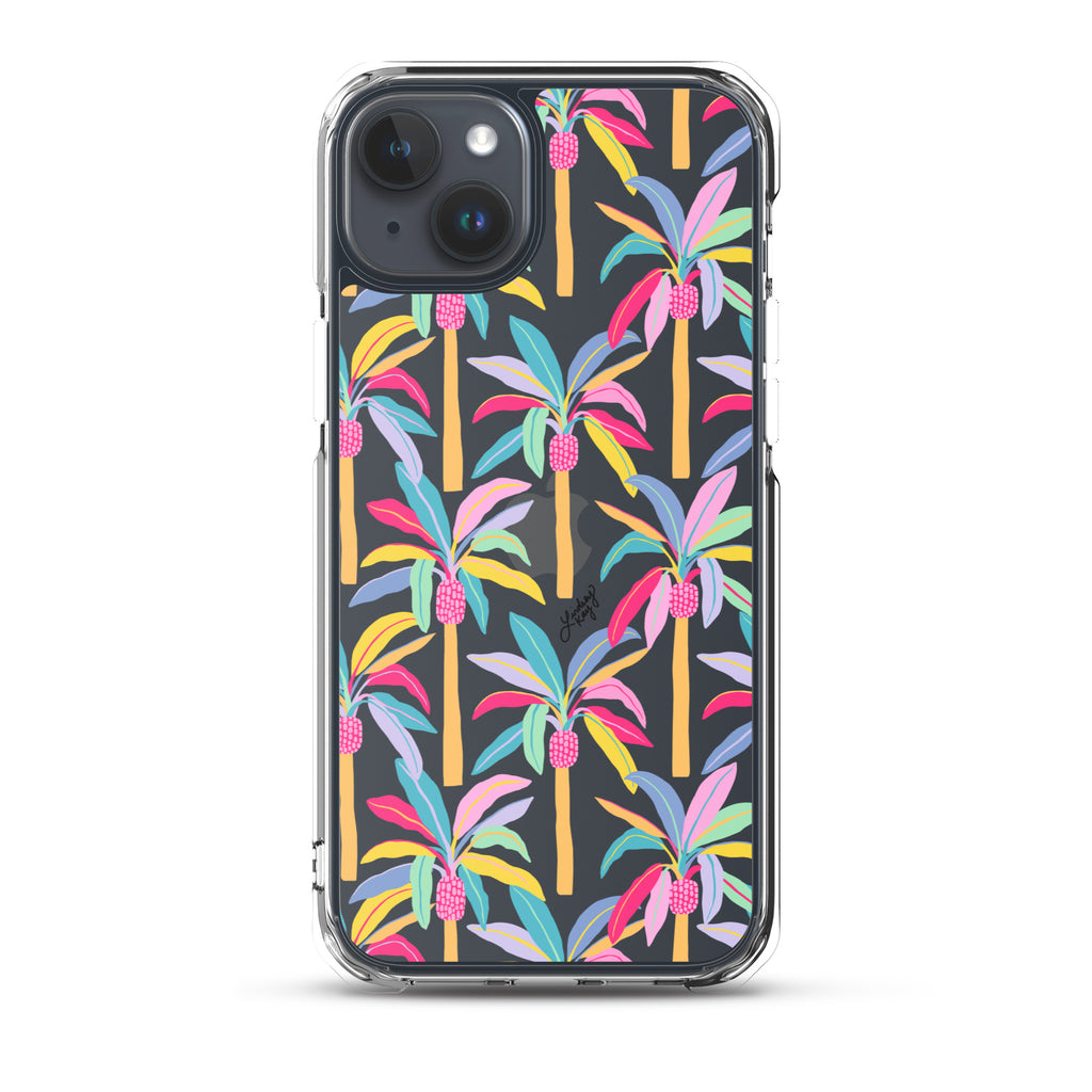 Colorful pastel patterned palm tree tough iPhone case, printed on a clear case to show your iPhone back. It's durable and shockproof, this palm tree phone case that has tropical vibes. Perfect for anyone that wants to add some protective color to their phone. Created by Lindsey Kay collective.