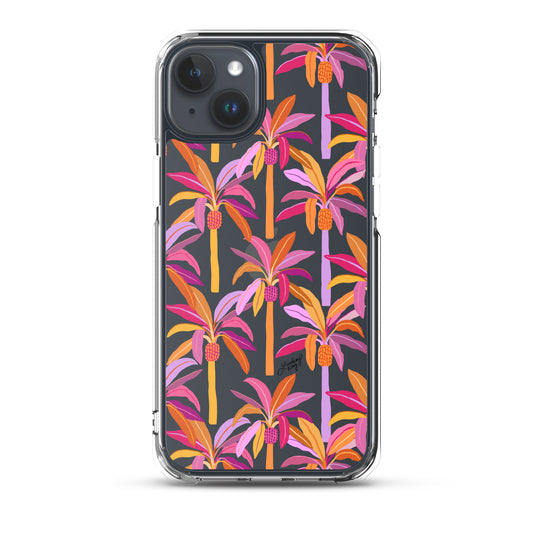 Colorful hand-drawn tropical palm tree phone case with pink, orange, and purple leaves on a dark background – fun, girly, vibrant design by Lindsey Kay Collective