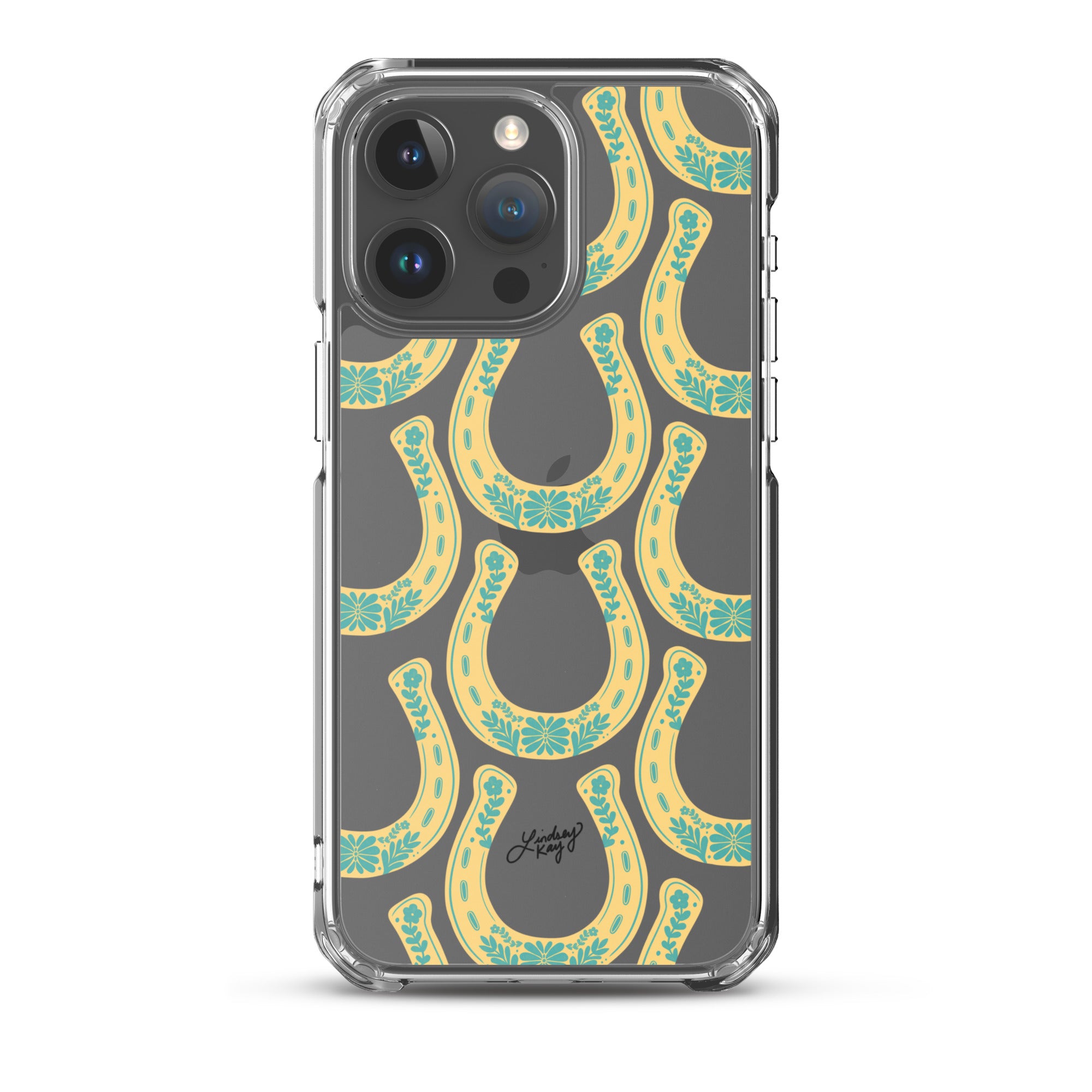 Clear iPhone case with hand-drawn yellow western horseshoe pattern, designed by Lindsey Kay Collective. Cute and durable case for country girl style, available in all iPhone sizes.

