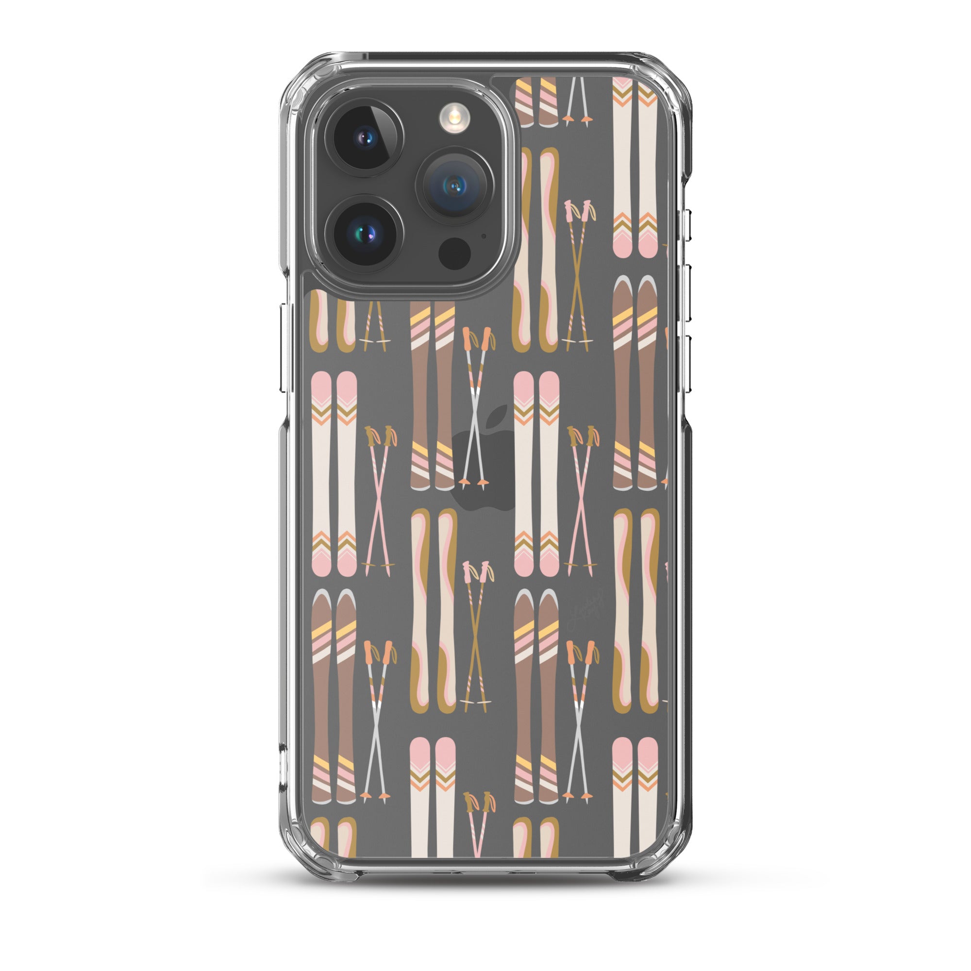 skis poles pattern illustration skier winter mountain feminine iphone-15 iphone-14 iphone-13 pro-max phone case clear over protector trendy colorado iphone mobile accessories lindsey kay collective 