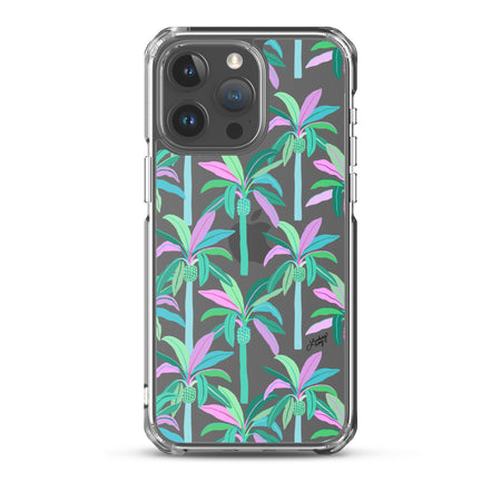 Colorful hand-drawn tropical palm tree phone case with pastel blue, teal, green, purple, mint, green, leaves on a dark background – fun, girly, vibrant design by Lindsey Kay Collective