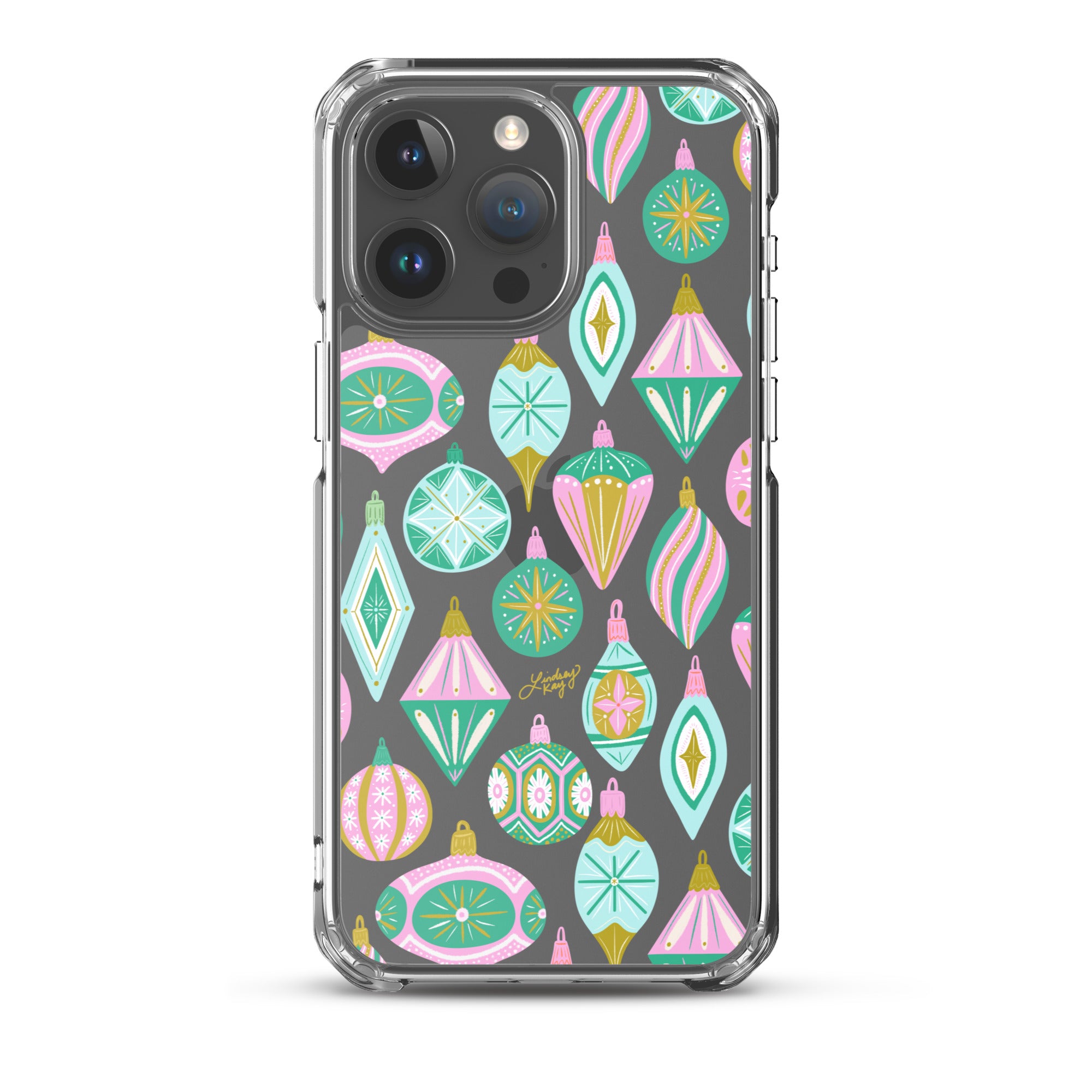 Hand-drawn retro Christmas ornament iPhone case in pastel green, pink, blue, and gold. Festive holiday phone case available in Clear, Tough, MagSafe Clear, and MagSafe Tough for iPhone 11 through iPhone 17. Durable, protective, and illustrated by Lindsey Kay Collective — female-owned small business, no AI used.