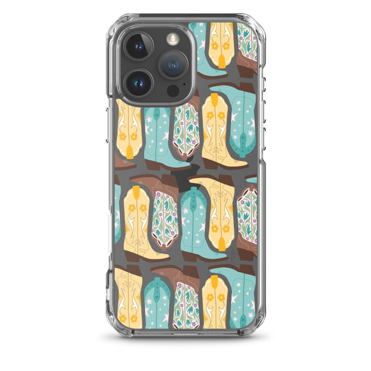 MagSafe iPhone case with blue, yellow, and brown hand-illustrated cowgirl boots – Western-inspired protective phone case for country girls, rodeo style lovers, and trendy cowgirl aesthetic accessories