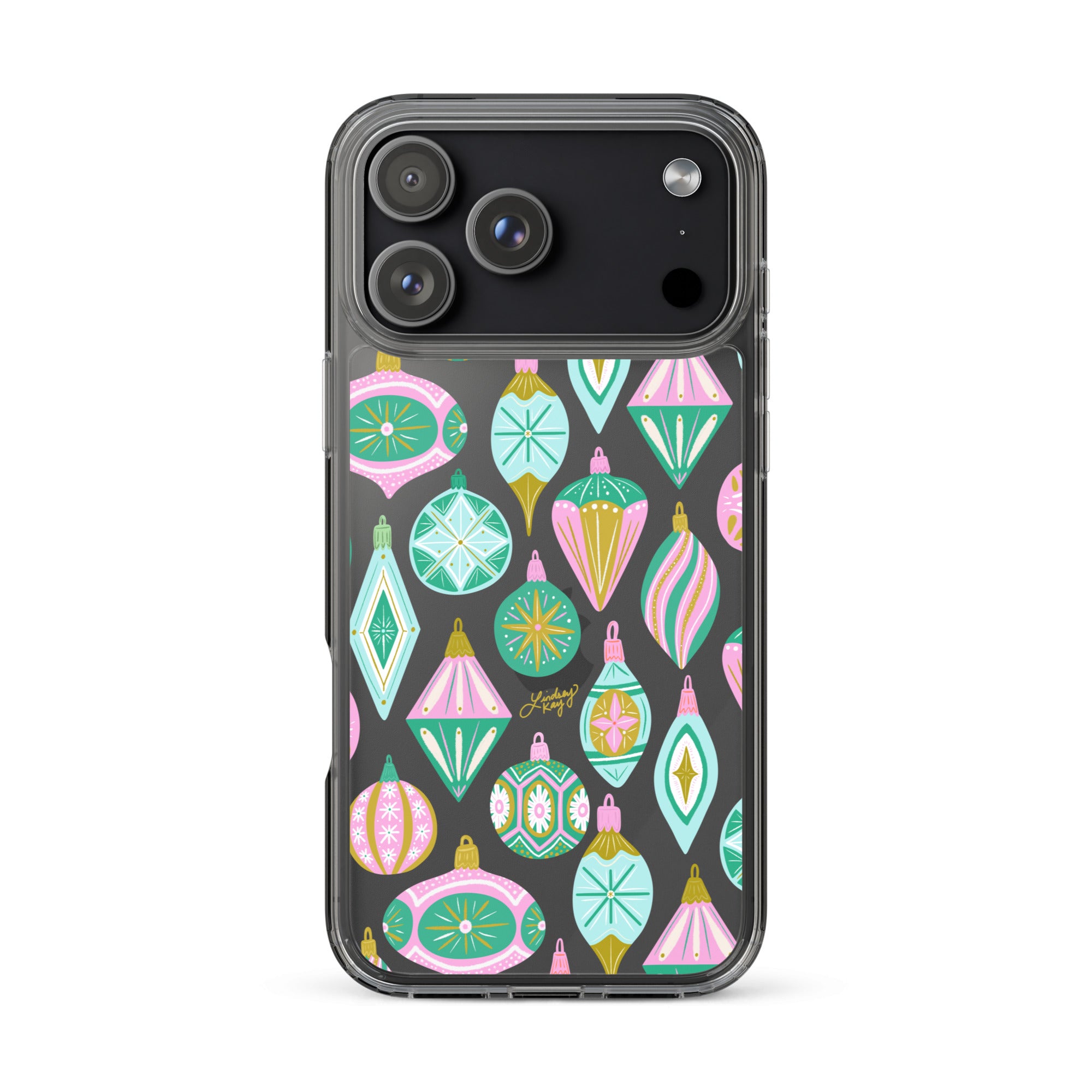 Hand-drawn retro Christmas ornament iPhone case in pastel green, pink, blue, and gold. Festive holiday phone case available in Clear, Tough, MagSafe Clear, and MagSafe Tough for iPhone 11 through iPhone 17. Durable, protective, and illustrated by Lindsey Kay Collective — female-owned small business, no AI used.