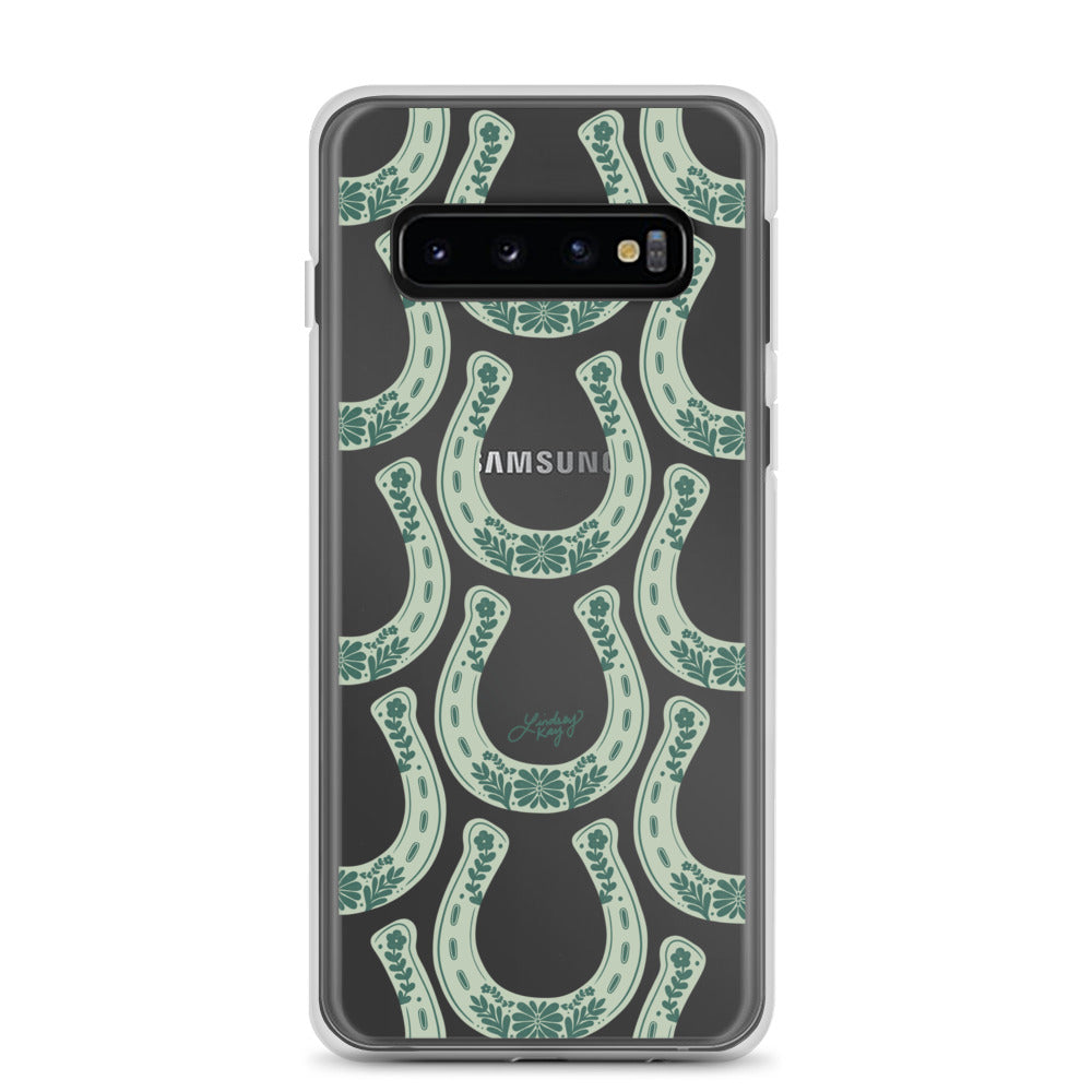 Country western Samsung phone case with hand drawn green horseshoe pattern by Lindsey Kay Collective. Tough, durable case available in all Samsung sizes. Perfect for cowgirls, rodeo lovers, and Texas sorority girls. Stylish protective phone accessory with southern flair.