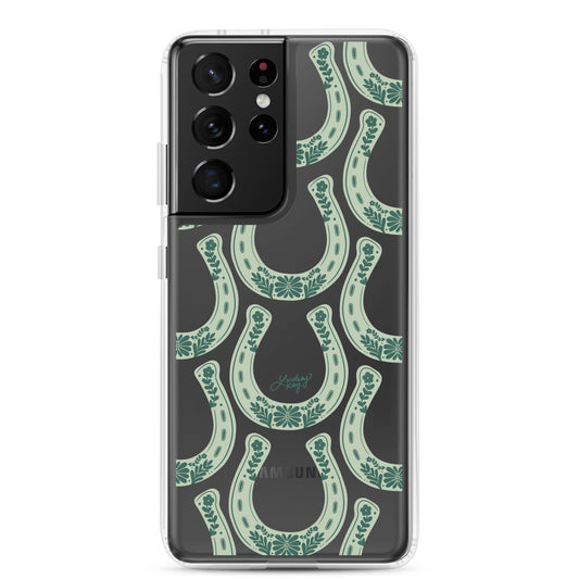 Country western Samsung phone case with hand drawn green horseshoe pattern by Lindsey Kay Collective. Tough, durable case available in all Samsung sizes. Perfect for cowgirls, rodeo lovers, and Texas sorority girls. Stylish protective phone accessory with southern flair.