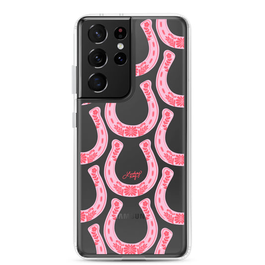 Country western Samsung phone case with hand drawn pink horseshoe pattern by Lindsey Kay Collective. Tough, durable case available in all Samsung sizes. Perfect for cowgirls, rodeo lovers, and Texas sorority girls. Stylish protective phone accessory with southern flair.