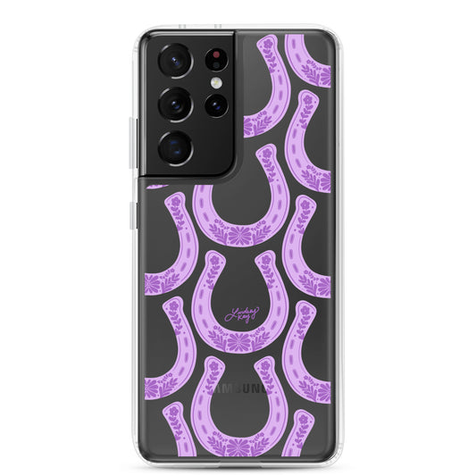 Country western Samsung phone case with hand drawn purple horseshoe pattern by Lindsey Kay Collective. Tough, durable case available in all Samsung sizes. Perfect for cowgirls, rodeo lovers, and Texas sorority girls. Stylish protective phone accessory with southern flair.