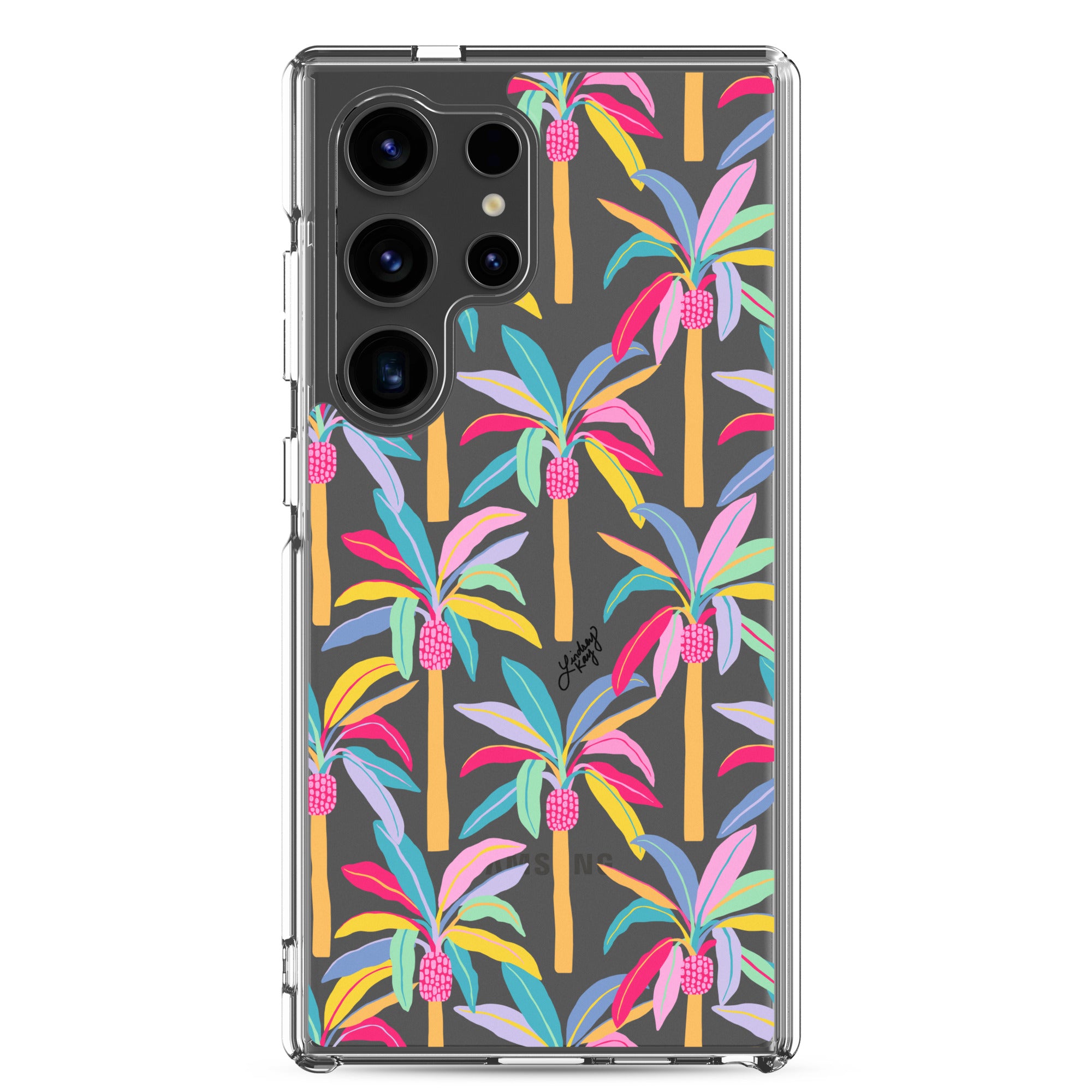 Clear durable Samsung phone case with a colorful palm tree pattern, perfect for any trendy girly girl. Original design by Lindsey Kay Collective.
