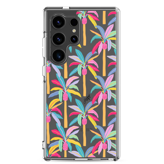 Clear durable Samsung phone case with a colorful palm tree pattern, perfect for any trendy girly girl. Original design by Lindsey Kay Collective.