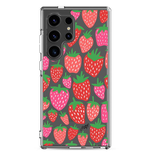 Clear durable Samsung phone case with a colorful pink and red strawberry pattern, perfect for any trendy girly girl and summertime. Original design by Lindsey Kay Collective.
