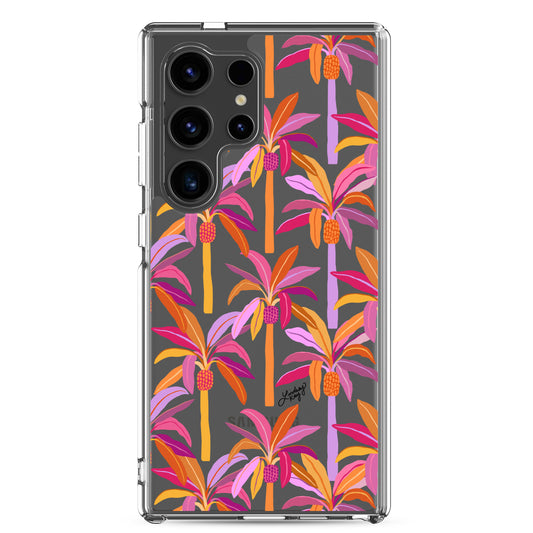 Clear durable Samsung phone case with a colorful tropical pink purple and orange palm tree pattern, perfect for any trendy girly girl. Original design by Lindsey Kay Collective.