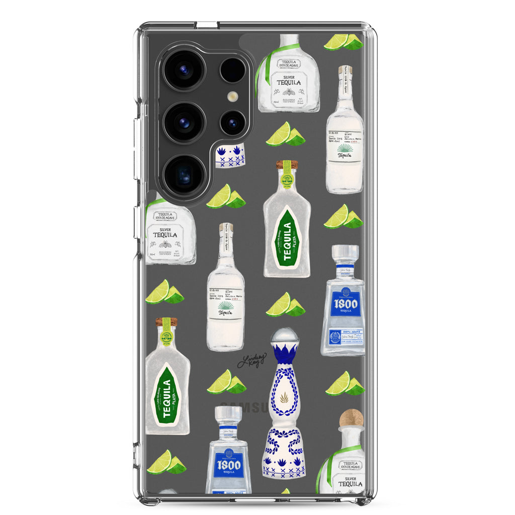 Clear durable Samsung phone case with a colorful illustrated boozy tequila bottles and limes pattern, perfect for any trendy baddie tequila loving girl. Original design by Lindsey Kay Collective.