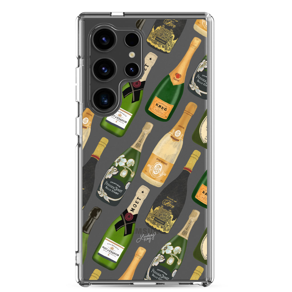 Clear durable Samsung phone case with a trendy illustrated champagne bottles pattern, perfect for any trendy samsung owner. Also makes a perfect gift for any champagne lover! Original design by Lindsey Kay Collective.