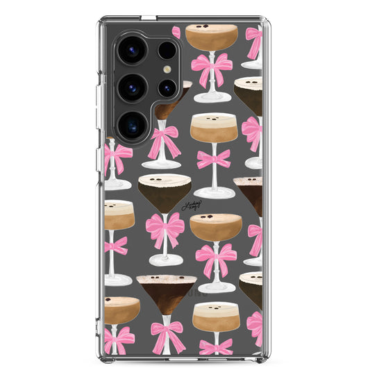 Clear durable Samsung phone case with a illustrated ribbons on espresso martini pattern, perfect for any trendy girly girl who loves espresso martinis. Original design by Lindsey Kay Collective.