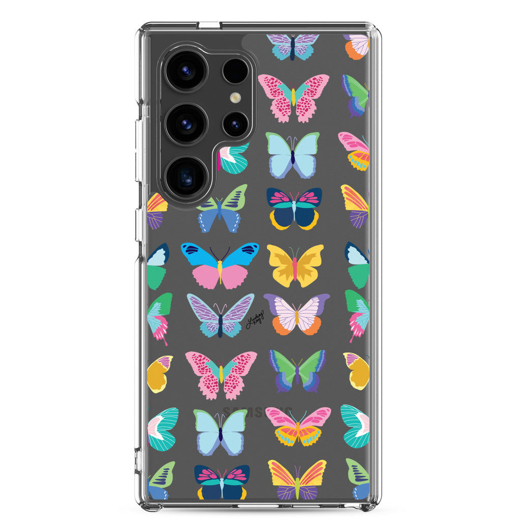 Clear durable Samsung phone case with a colorful butterfly pattern, perfect for any trendy girly girl. Original design by Lindsey Kay Collective.