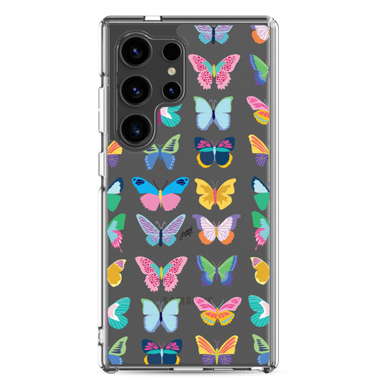 Clear durable Samsung phone case with a colorful butterfly pattern, perfect for any trendy girly girl. Original design by Lindsey Kay Collective.