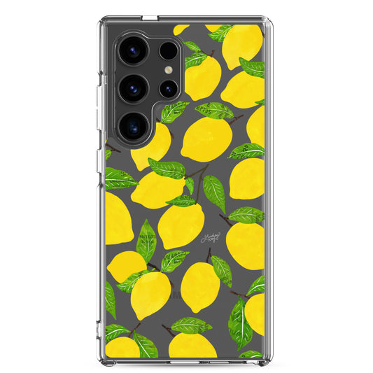Clear durable Samsung phone case with a bright yellow fruity lemon pattern, perfect for any trendy samsung phone owner. Will add a splash of color for summer to your phone. Original design by Lindsey Kay Collective.